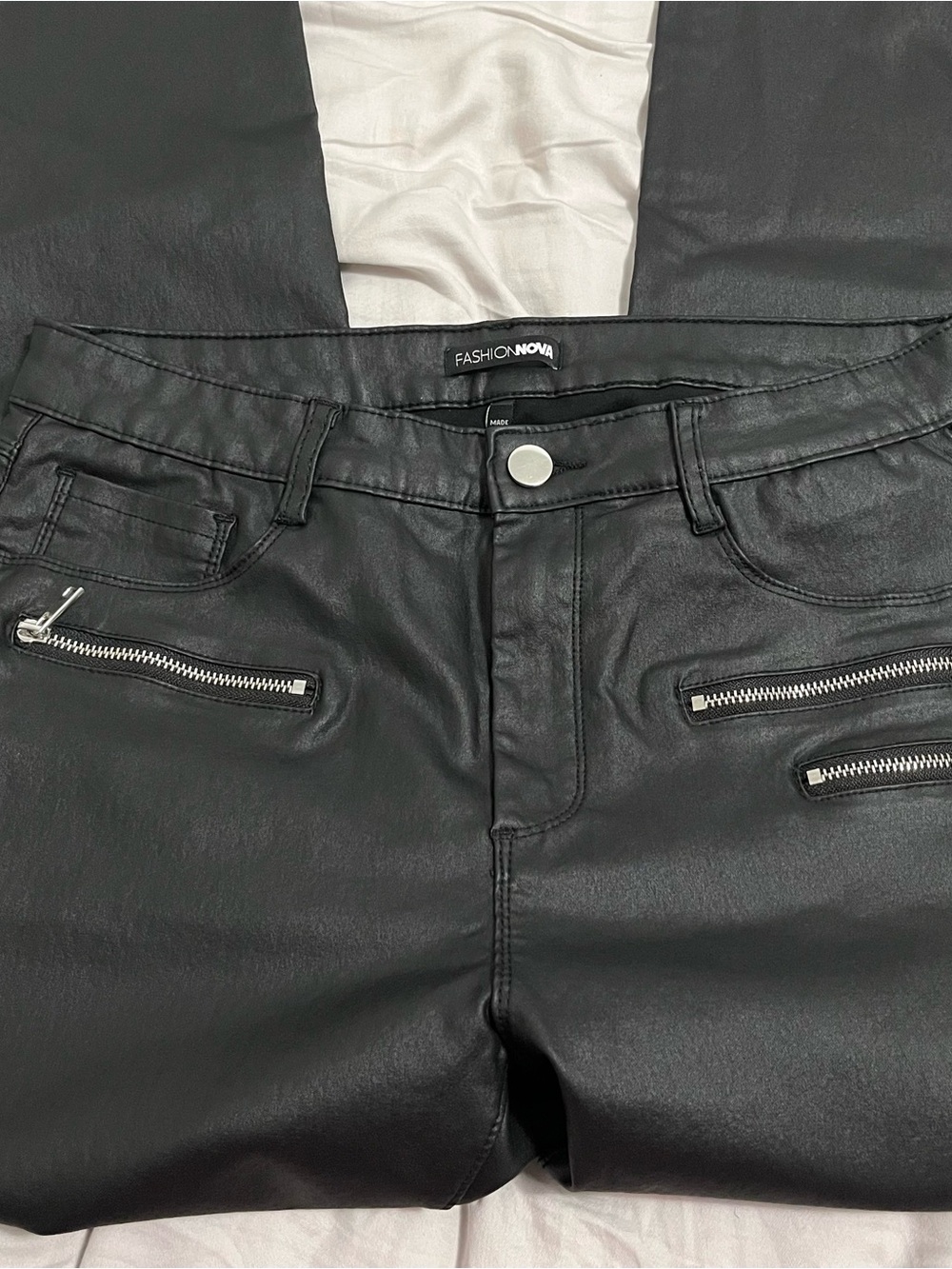Fashion Nova Black Faux Leather Skinny Jeans with Zipper Accents